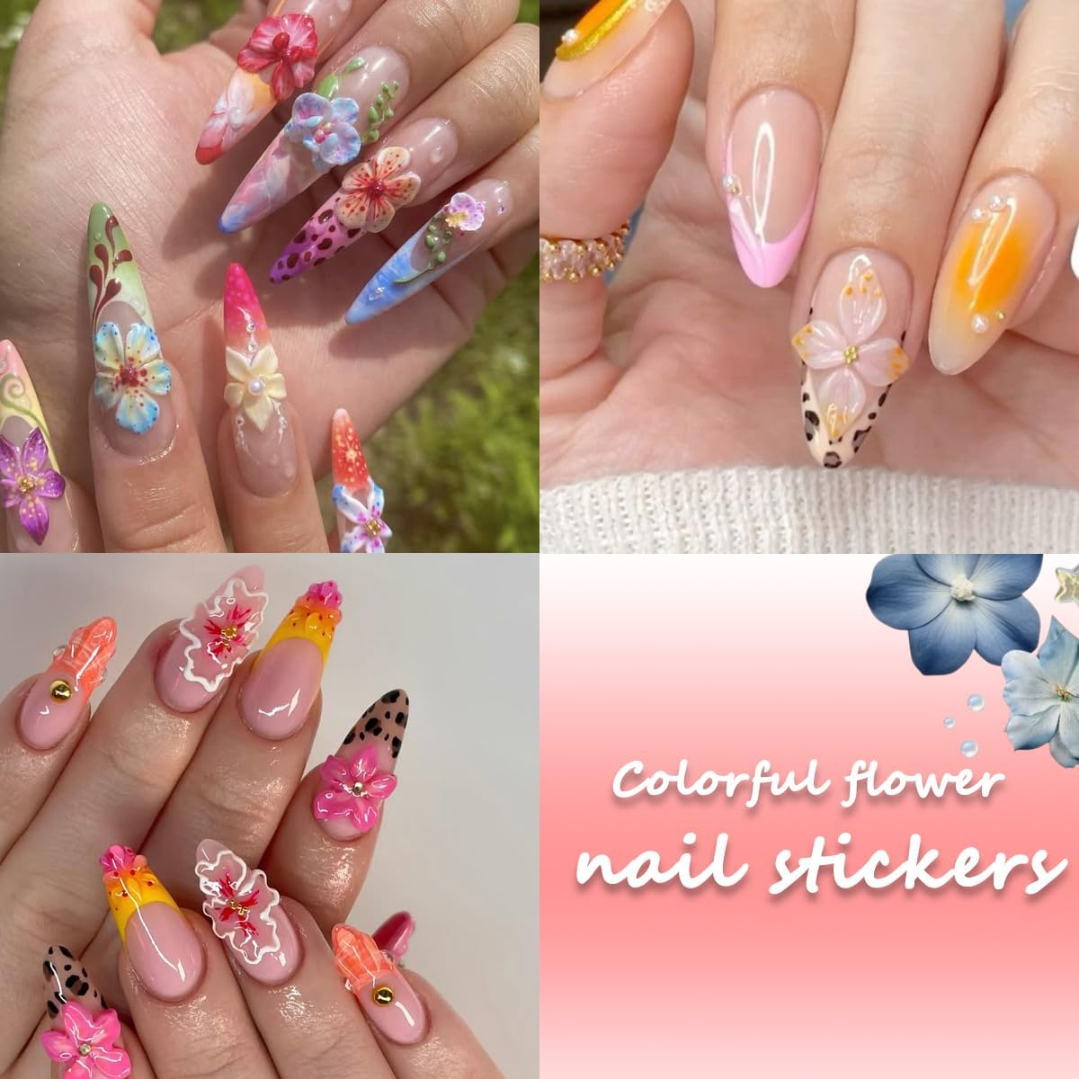 3 Sheets Colorful Flower Nail Stickers, Summer Embossed Lily Nail Decals, 5D Self-Adhesive Nail Design Stickers for Daily Festival DIY Spring Summer Floral Manicure Decoration Supplies