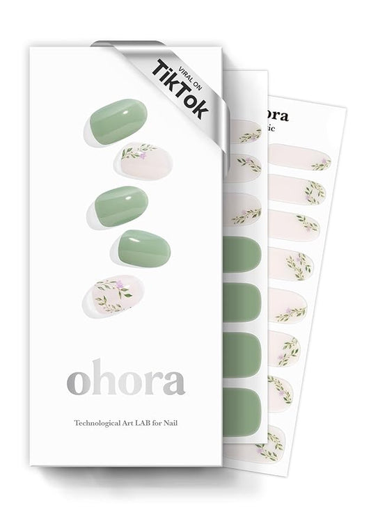 ohora Semi Cured Gel Nail Strips (N Spring Garden) - Green, Patterned, Works with Any UV/LED Lamps, Salon-Quality, Long Lasting, Easy to Apply & Remove - Includes 2 Prep Pads, Nail File & Wooden Stick