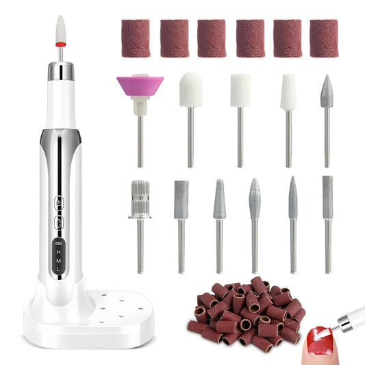 Electric Nail Drill File Cordless,Portable Rechargeable Nail File Kit for Acrylic & Gel Nails,Professional Efile for Manicure Pedicure Polishing,with 12 Nail Drill Bits 31 Sanding Bands,White