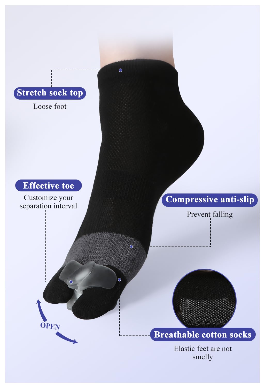 Happy Feet Alignment Socks, Adjustable Yoga Toe Separators For Men Women, Wearable On The Go, Black S