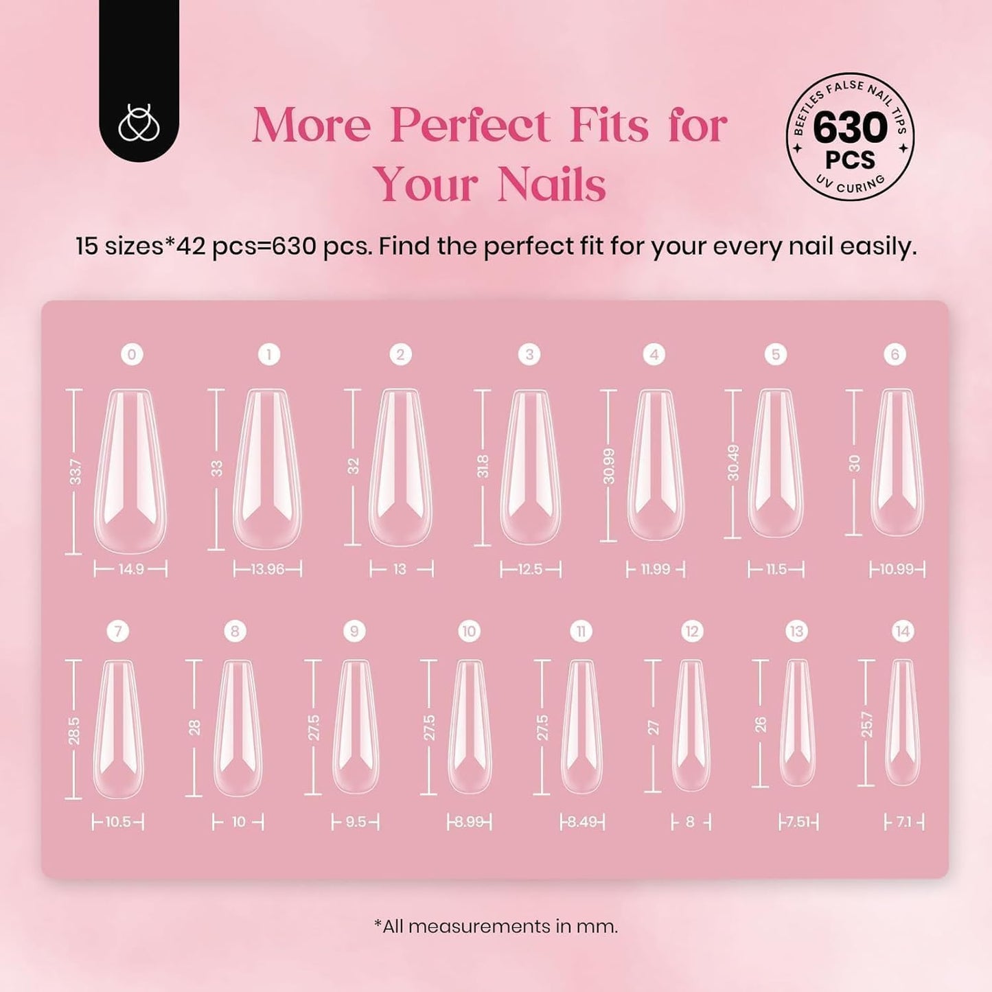 Beetles Gel Nail Tips Upgraded 15 Sizes Long Coffin Gel Nail Tips 630Pcs Pre-Shaped Clear Full Cover False Nails Easy Nail Extension for Gel Nail Polish Gift for Women