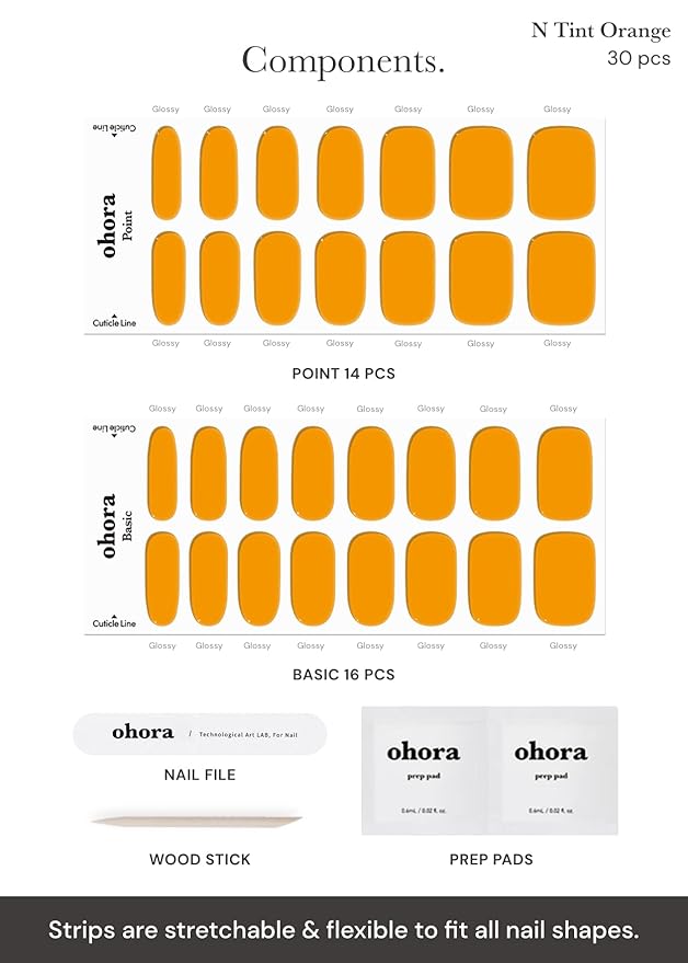 ohora Semi Cured Gel Nail Strips (N Tint Orange) - Brown, Tint, Works with Any UV/LED Lamps, Salon-Quality, Long Lasting, Easy to Apply & Remove - Includes 2 Prep Pads, Nail File & Wooden Stick