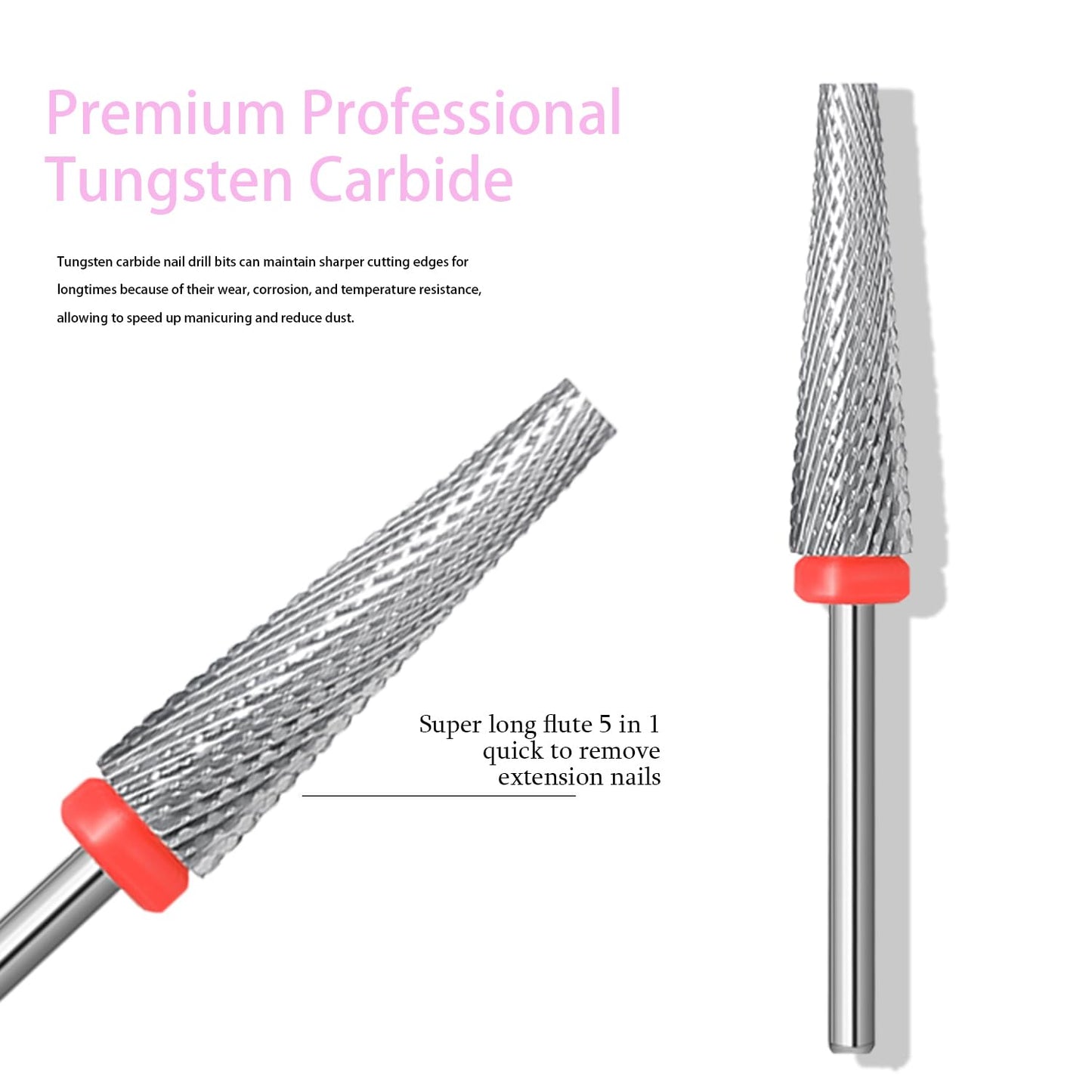 Super Long 5 in 1 Nail Drill Bits, Professional 3/32'' Carbide Tungsten Two Way Rotary Advanced Safety Bits, Fast Remove for Manicure Pedicure Cuticle Acrylic Nails (Sliver, Fine-F)