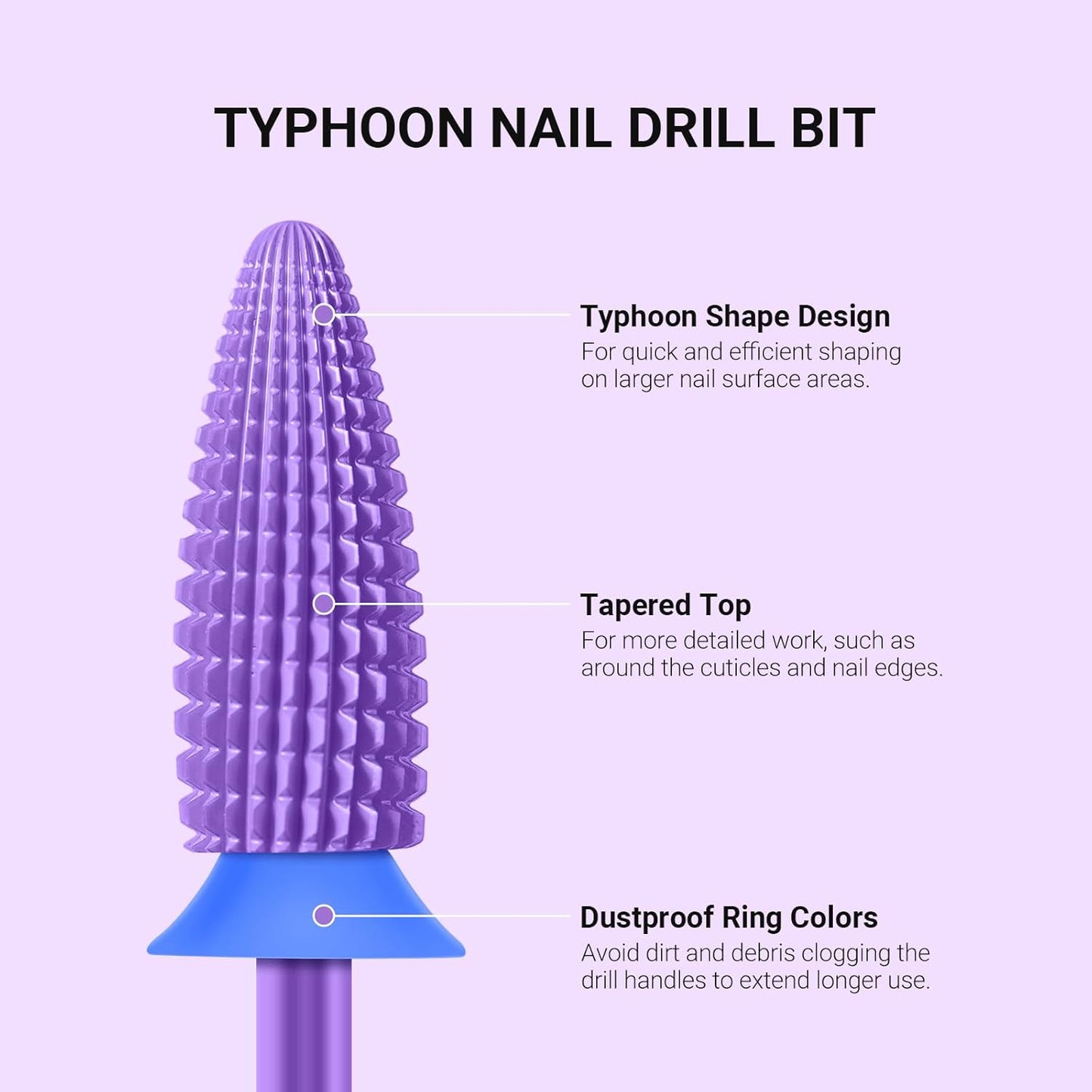 MelodySusie Typhoon Nail Drill Bits, 3/32'' Carbide Tungsten Multi-function Bits, Fast Remove Acrylic or Hard Gel for Manicure Pedicure Salon Professional or Beginner, Purple, Medium