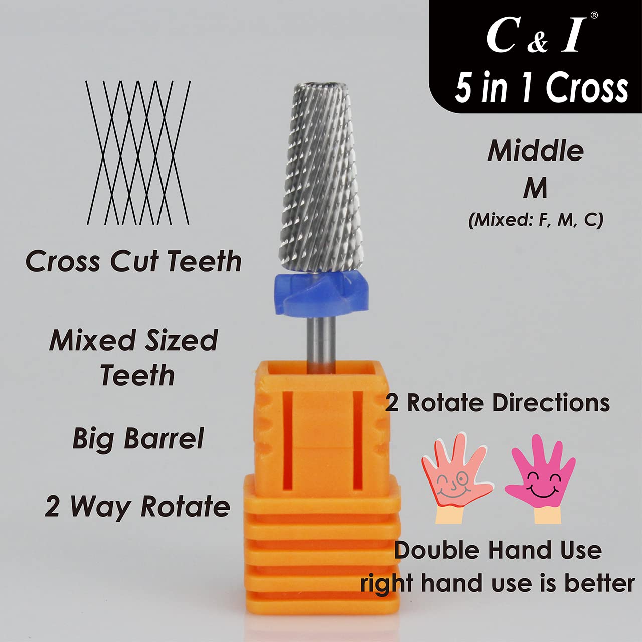 C & I 5 in 1 Multi-function Tapered Shape Nail Drill, Cross Teeth Edition, Professional Drill Bit for Nail Manicure Machine (Middle - M)