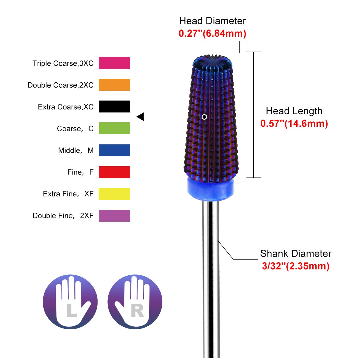 Lavinda 5 in 1 Medium Grit Nail Drill Bit Multi-Function Carbide for Acrylic Fill Cuticle Work Gel Removal Left Right Handed Nail Tech Essential 3/32" (Medium, Purple)