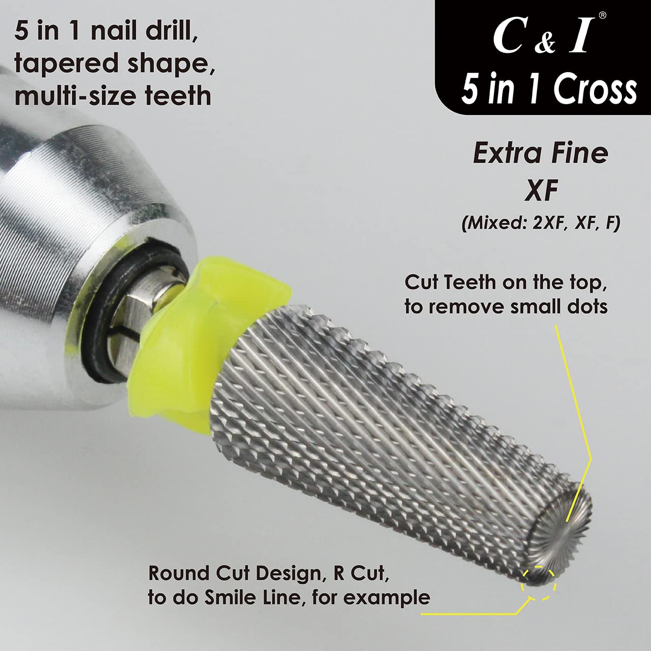 C & I 5 in 1 Multi-Function Tapered Shape Nail Drill, Cross Teeth Edition, Professional Drill Bit for Nail Manicure Machine (Extra Fine - XF)