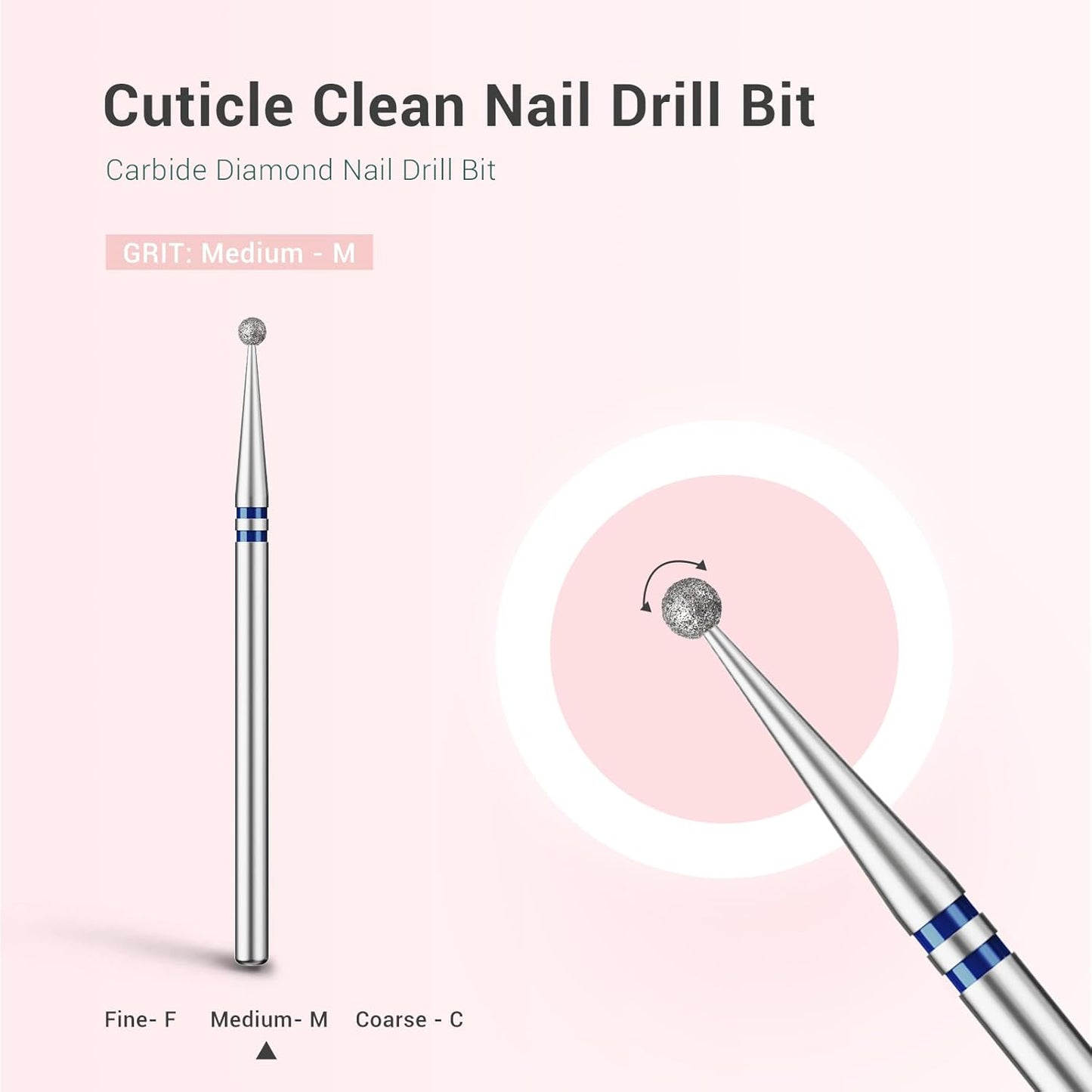 MelodySusie 1.8mm Ball Shape Cuticle Clean Nail Drill Bit 3/32'', Professional Safety Carbide Diamond Under Nail Cleaner for Cuticle Dead Skin Nail Prepare, Beginners Bits, Series Bit-S, Medium