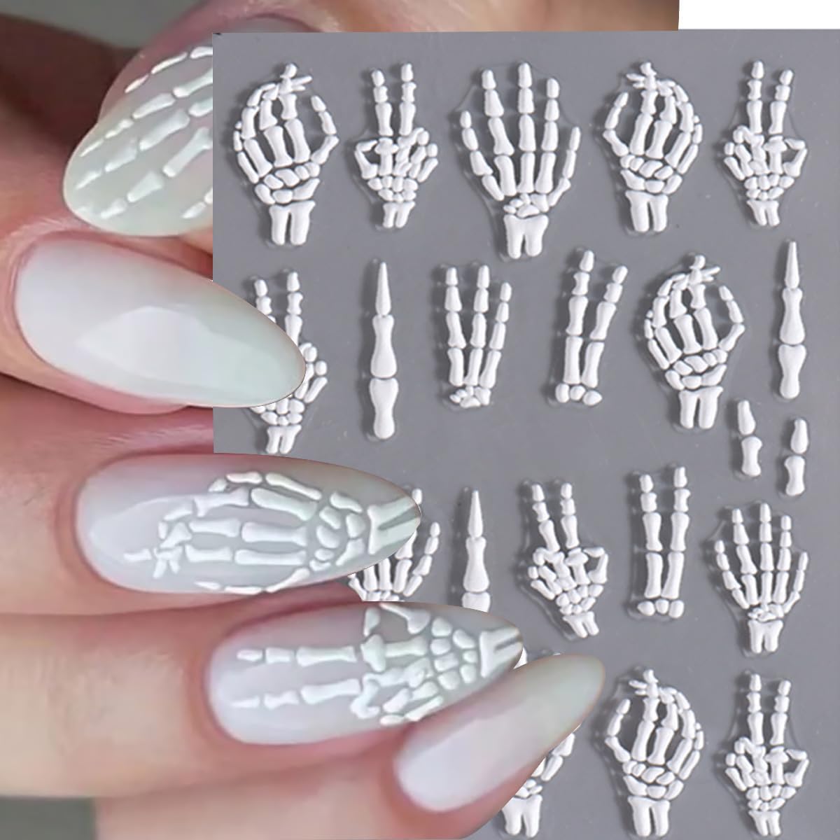 3 Sheets Halloween 5d Embossed Skeleton Nail Stickers for Nail Art Rose Flower Skeleton Nail Decals Self-Adhesive Pink Gold Nail Design Stickers Holiday Nail Art Supplies for Women Acrylic Nails