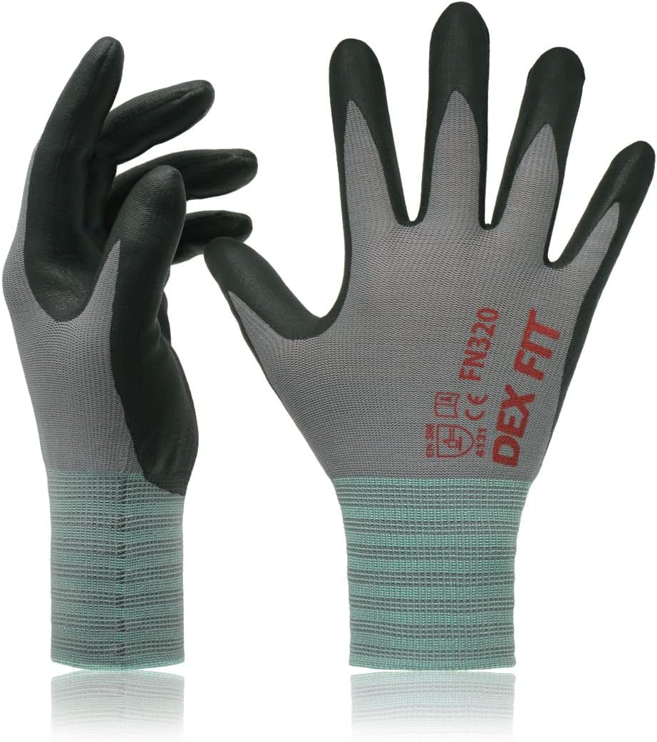 DEX FIT Premium Nylon Nitrile Work Gloves FN320, 3 Pairs, 3D-Comfort Stretchy Fit, Firm Grip, Thin & Lightweight, Durable, Breathable & Cool, Machine Washable; Grey 11 (XXL)