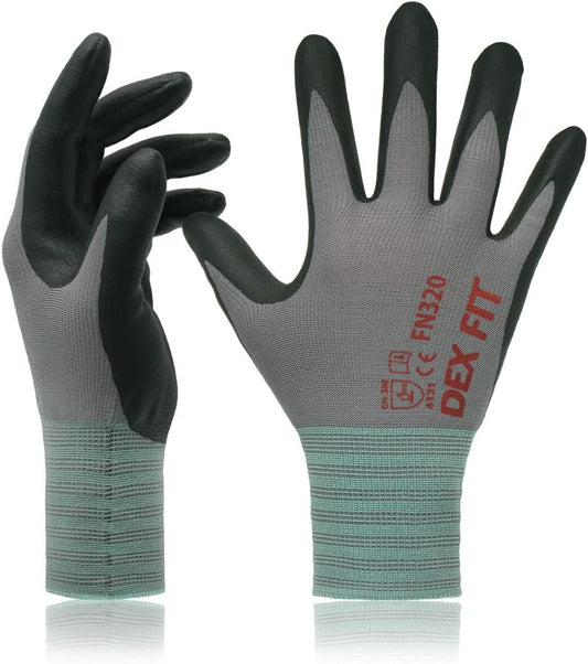 DEX FIT Premium Nylon Nitrile Work Gloves FN320, 3 Pairs, 3D-Comfort Stretchy Fit, Firm Grip, Thin & Lightweight, Durable, Breathable & Cool, Machine Washable; Grey 10 (XL)