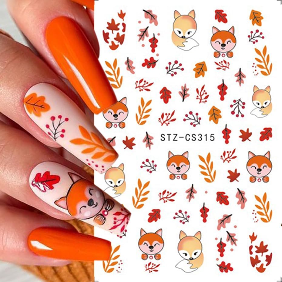 Fall Nail Art Stickers Autumn Maple Leaf Nail Decals 6PCS Maple Leaves Foxes Pumpkin Nails Design 3D Self-Adhesive Thanksgiving Day Nail Art Decorations Supplies Fall Stickers for Nails Manicure Decor