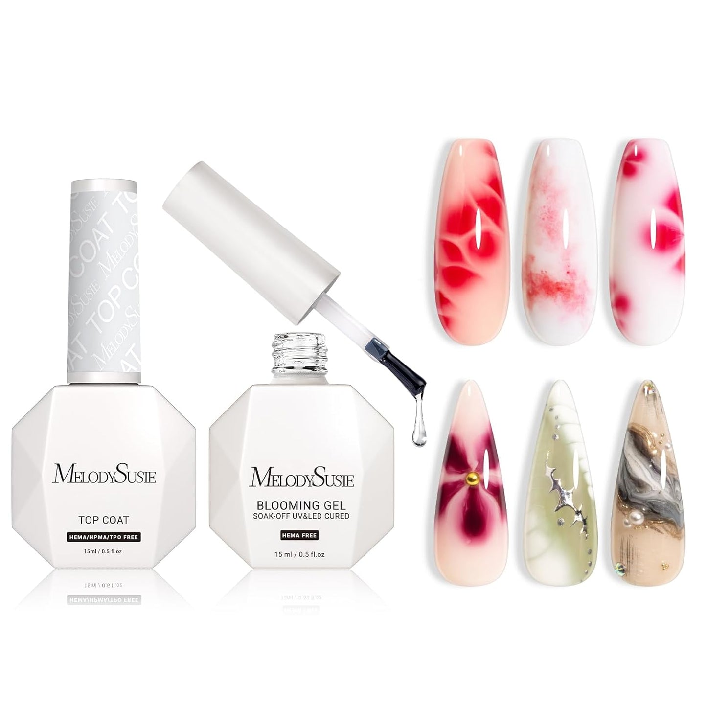 MelodySusie Hema Free Blooming Gel and Top Coat Set HEMA, HPMA, TPO Free for Nail Design 0.5 Fl Oz Marble Watercolor UV Nail Polish Spreading Effect Nail Salon Manicure at Home 2PCS