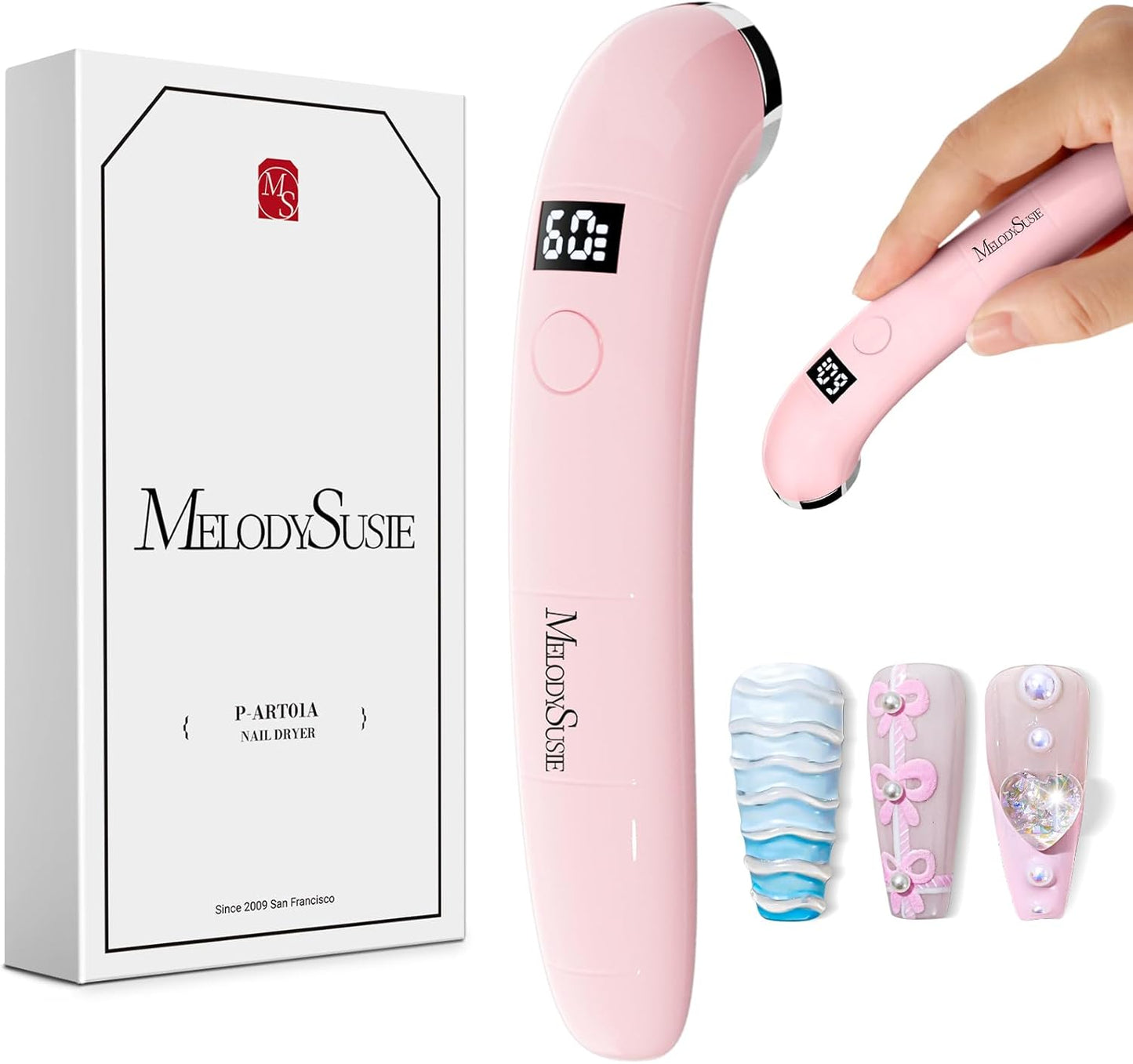 MelodySusie Handheld UV Light for Gel Nails, P-ART01A Cordless UV Nail Lamp with LCD Display& Ergonomic Design, Rechargeable LED Light Flash Cures Soft Gels, Rhinestone Glue & Liner Gel, Pink