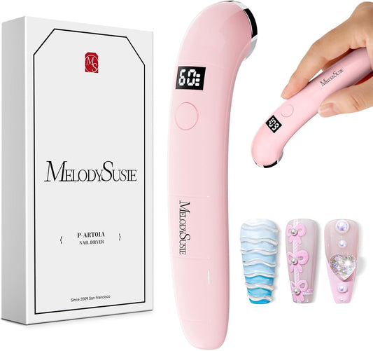 MelodySusie Handheld UV Light for Gel Nails, P-ART01A Cordless UV Nail Lamp with LCD Display& Ergonomic Design, Rechargeable LED Light Flash Cures Soft Gels, Rhinestone Glue & Liner Gel, Pink