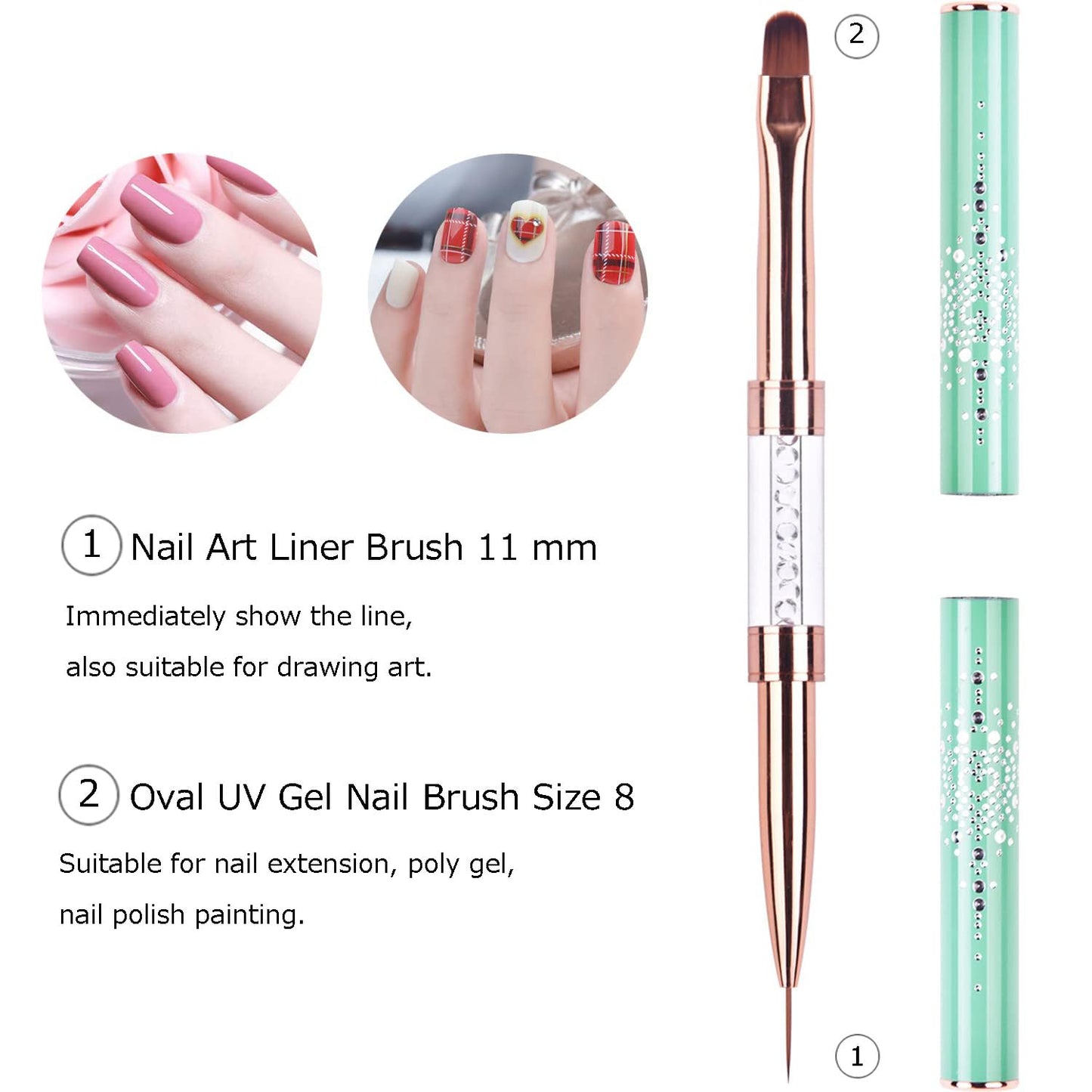 1Pcs Dual-ended Nail Design Brushes Rhinestone Handle Nail Art Liner Brush UV Gel Nail Polish Brush Professional Nail Art Tools Green