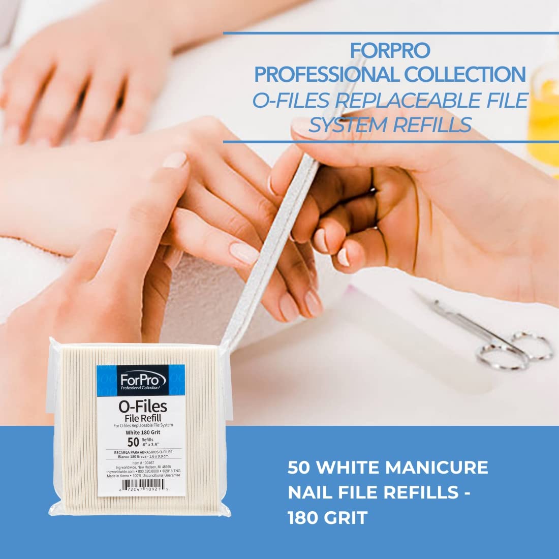 ForPro Professional Collection O-Files Replaceable File System, 180 Grit, Manicure Nail File Refills, 3.9” L x .6“ W, White, 50-Count