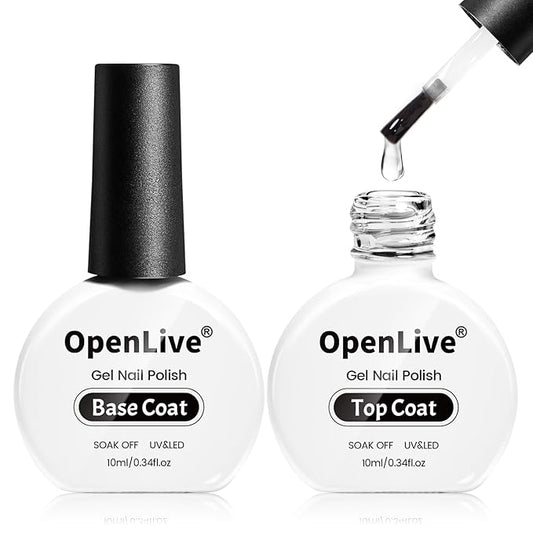 2 Bottle 10ml Gel Base Coat and Top Coat Set - No Wipe Quick Drying Long Lasting Glossy Gel Polish for Home DIY and Salon