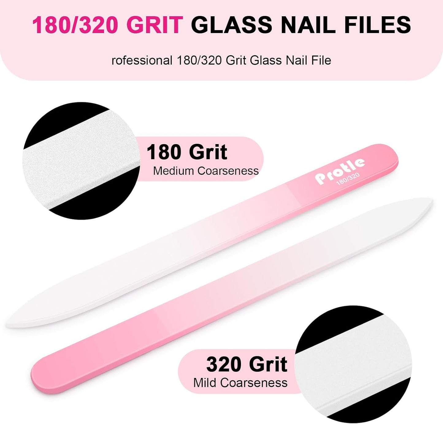 Glass Nail Files for Natural Nails，1Pack Double Sided 180/320 Crystal Nail Filer with Case,Professional Fingernail Files for Women Girls Gifts (Pink)