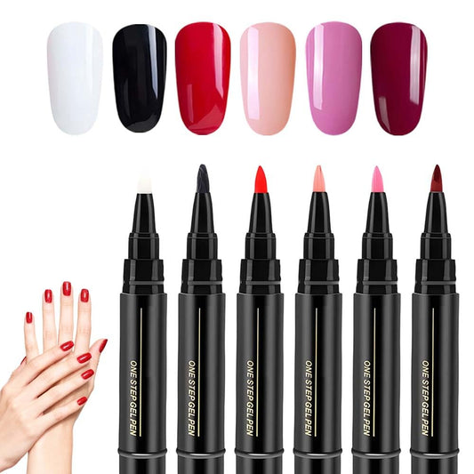 6 Colors Nail Art Pens Set, 3 in 1 Nail Polish Pens Quick Dry, One Step Nail polish Gel Pen, Salon Quality Nail Art Pen for Women (A)