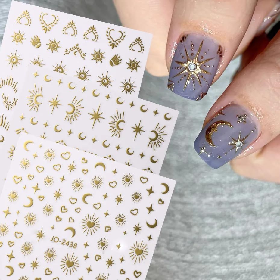Star Nail Stickers 6 Sheets Gold Silver Nail Decals Sun Star Moon Nails Design Supplies Self-Adhesive 3D Nail Art Stickers for Women DIY Manicure Tips Decorations