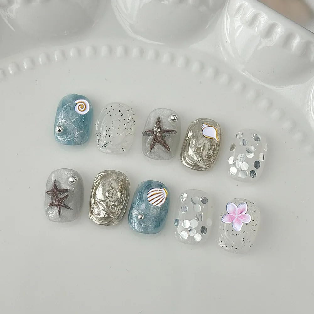 5D Embossed Beach Nail Art Stickers, 4 Pack, White Gold Shell Starfish Design, Self-Adhesive Ocean Theme Decals for Summer Manicure Decoration