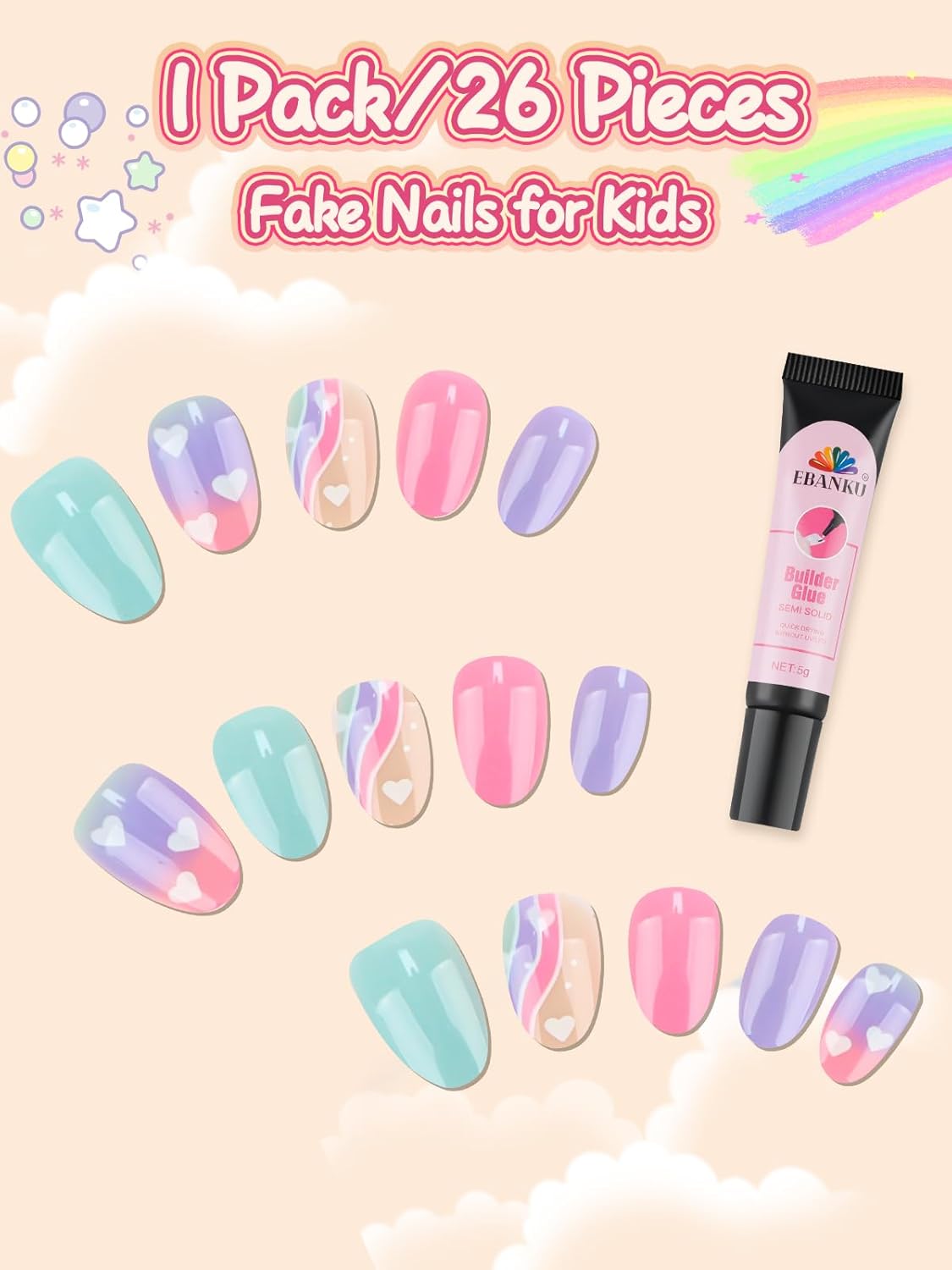 EBANKU 26 Pcs Kids Press on Nails Kit, Fake Nails for Girls 5-12 Years Colorful Purple Blue False Nails with Nail Glue, Short Full Cover Press on Nails Tip for Child
