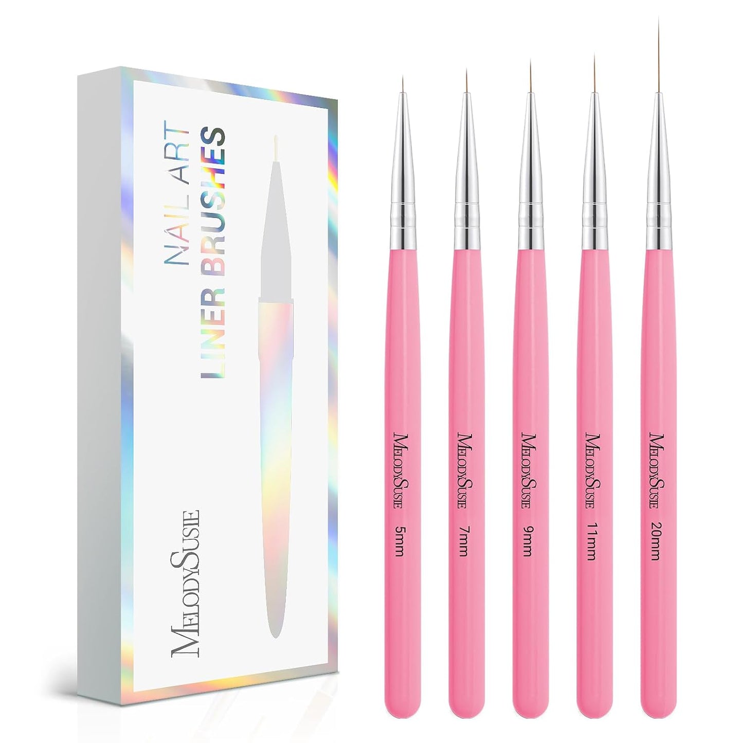 MelodySusie Nail Art Liner Brushes 5Pcs Professional Gel Polish Painting Art Design Pen Set for Thin Long Lines, Tiny Details, Fine Drawing, Delicate Coloring Sizes 5/7/9/11/20mm