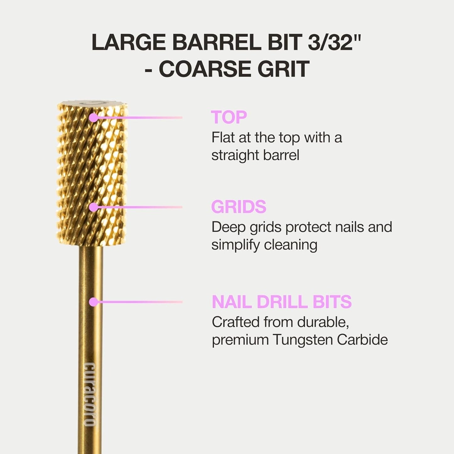 Curacoro Nail Drill Bits 3/32'' - Safe Smooth Stop Large Barrel Carbide Bit (Coarse), Fast Remove Acrylic or Gel Nails, Long-lasting Bits for Nail Beds, Nail Art Salon & Home
