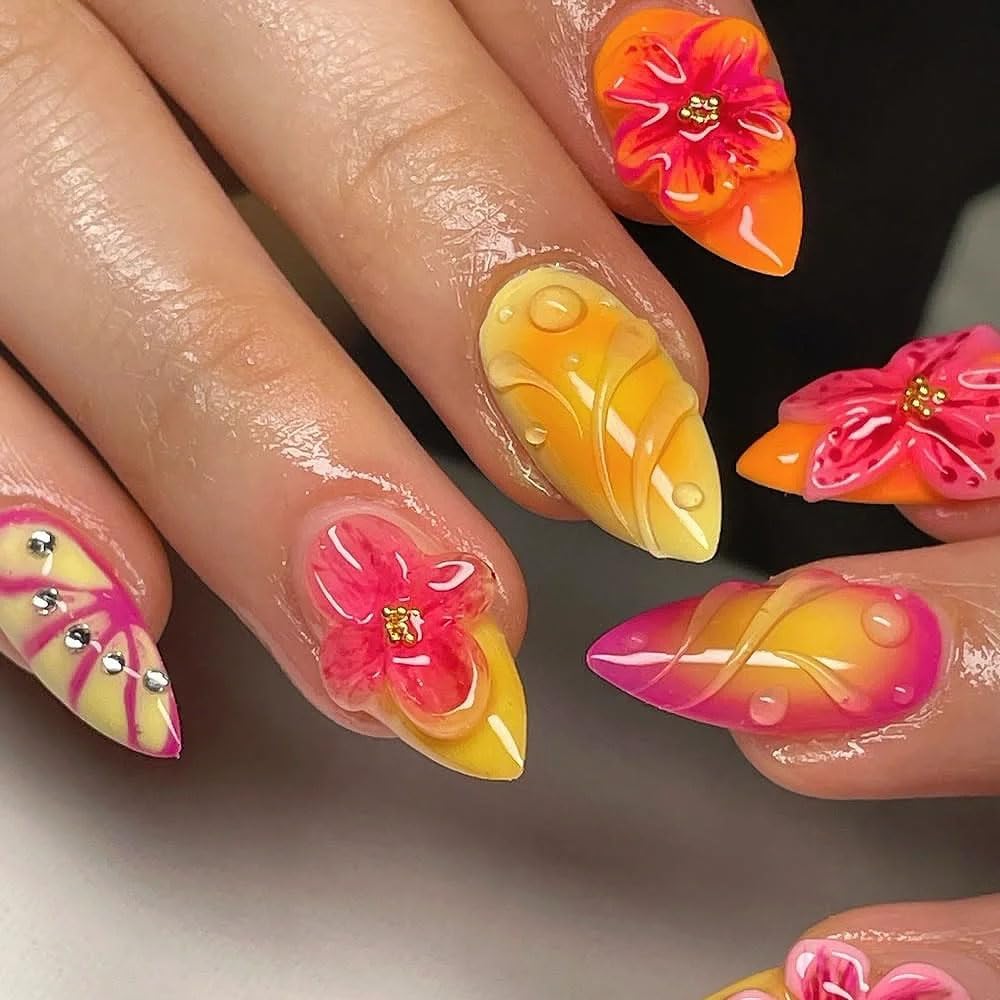 150PCS Flower Nail Charms, 3D Hawaii Hibiscus Floral Nail Rhinestones Spring Summer Nail Jewelry Tiny Flowers Acrylic Nail Design for Women Girls DIY Manicure Nail Decorations Accessories