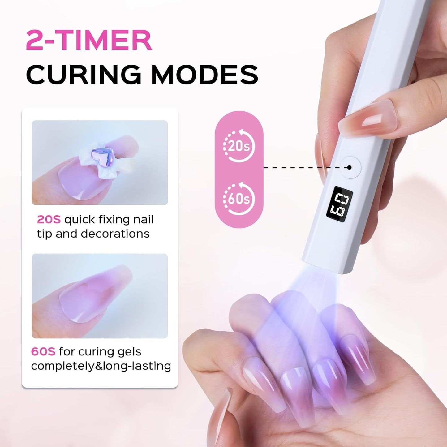 Handheld UV Light for Gel Nails, 5W LED Nail Lamp, Portable Mini Nail Dryer with Stand & LCD Screen, Nail Lamp for Fast Curing (White)