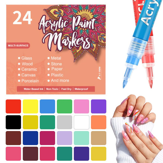 24 Colors Nail Art Pens for Painting Nails, 0.7mm Acrylic Paint Makers DIY Nail Art Markers for Kids and Adults, Quick-drying Nail Polish Pens Doodle Pens for Drawing Point Liner