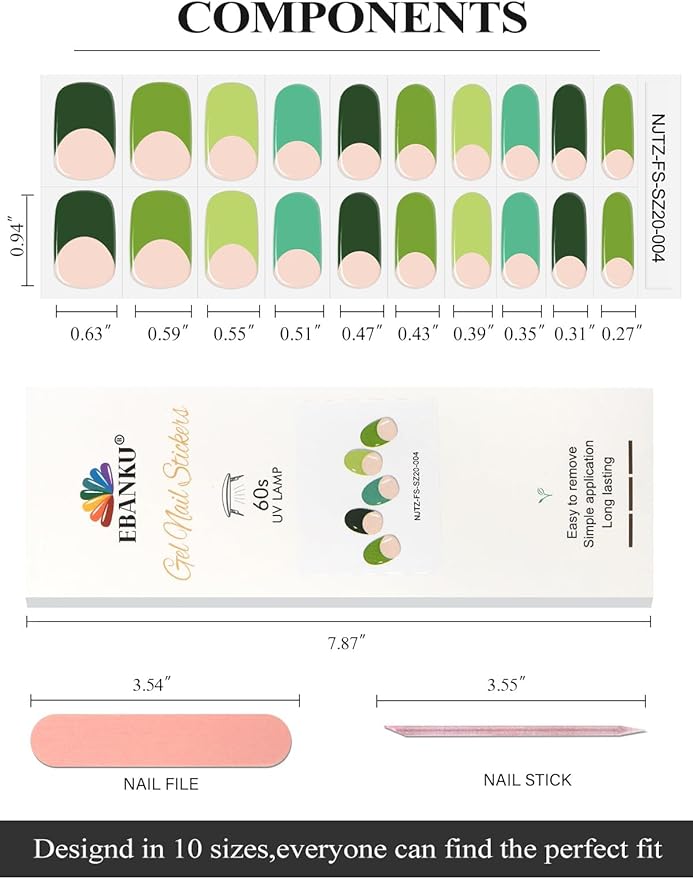 EBANKU 20Pcs Semi-Cured Gel Nail Strips,Green Deep French Nail Sticker, Lasting Waterproof Full Nail Wraps Stickers for Salon Manicures, Perfect for Women, Girl with Nail File and Stick