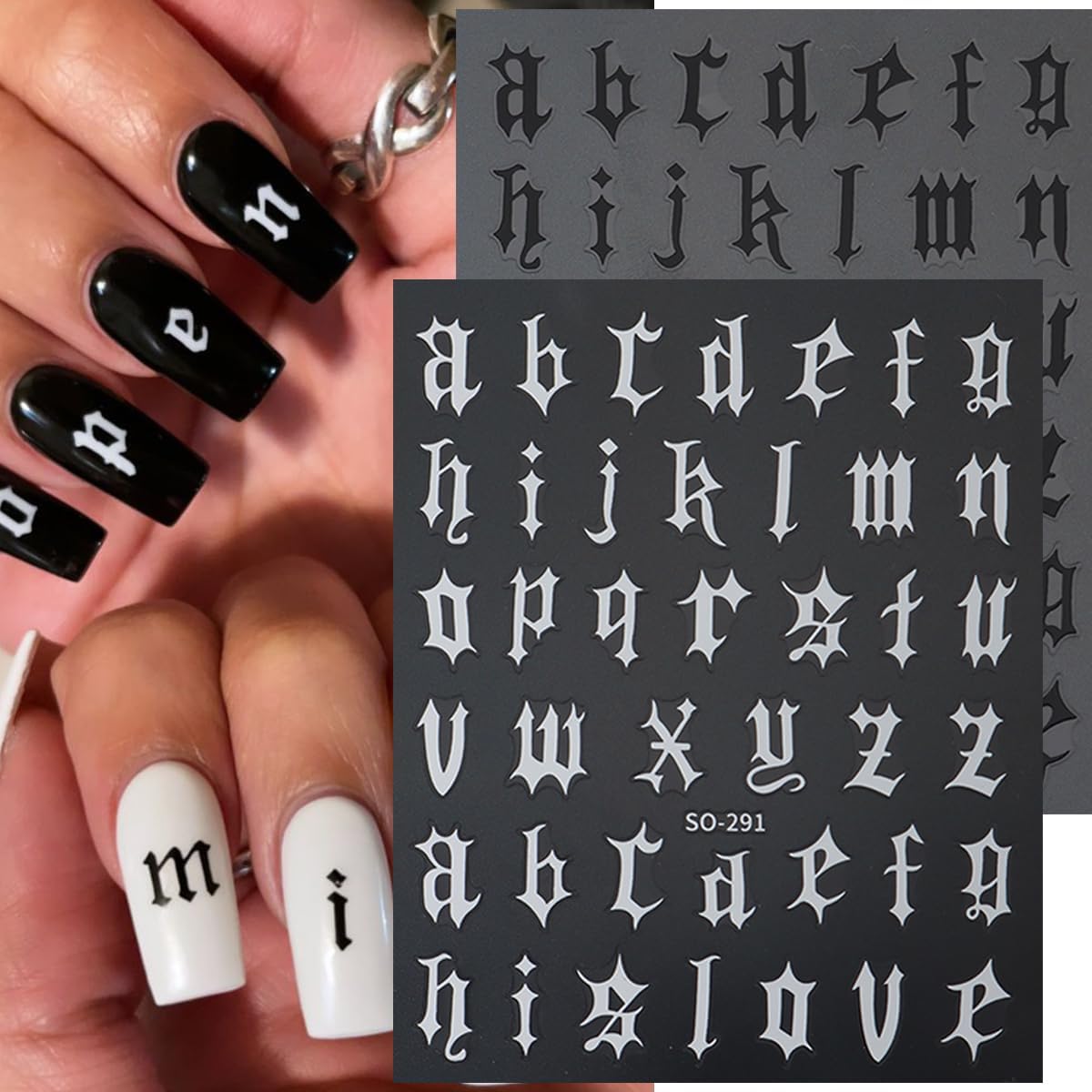 8 Sheets Old English Letters Nail Stickers for Nail Art Personalized Alphabet Nail Art Stickers Decals 3D Self-Adhesive Black White Gold Silver Nails Design Sticker for Women DIY Nail Tips Supplies