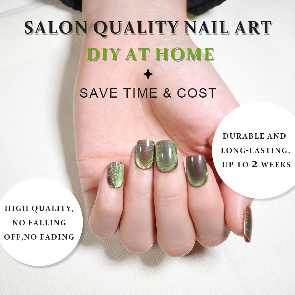evpct Light Green Cat Eye Extra Short Press on Nails Square, Petite Short Square Glue on Nails for Women Gift, Light Green Metallic Glitter Glossy Reusable Gel Press on Acrylic Fake Nail with Designs