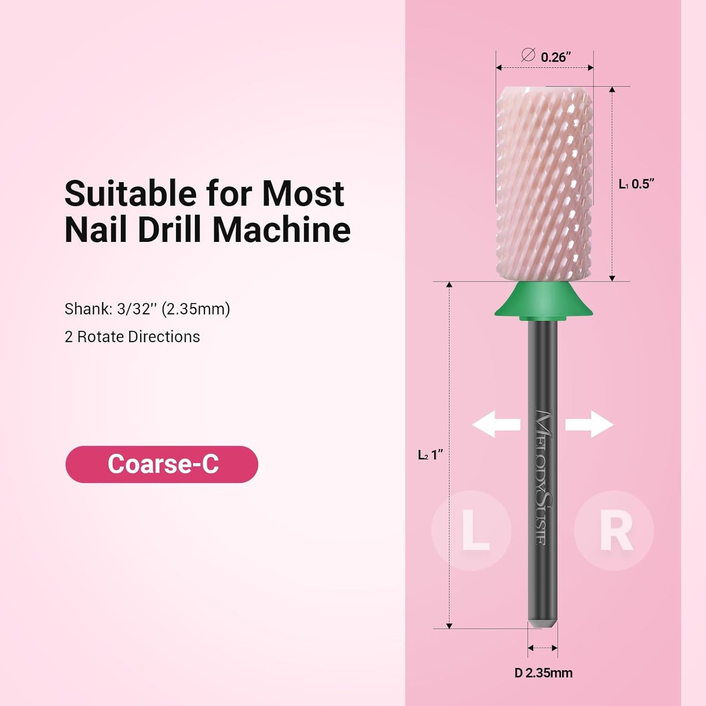 MelodySusie Ceramic Nail Drill Bits, 3/32'' Chamfer Flat Top Large Barrel Bits, Fast Remove Acrylic or Hard Gel, Nail Tool for Manicure Pedicure, Salon Home, Professional or Beginner, Pink, Coarse