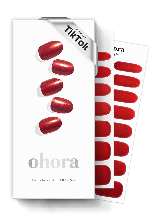 ohora Semi Cured Gel Nail Strips (N Red Chrome) - Red, Chrome, Works with Any UV/LED Lamps, Salon-Quality, Long Lasting, Easy to Apply & Remove - Includes 2 Prep Pads, Nail File & Wooden Stick