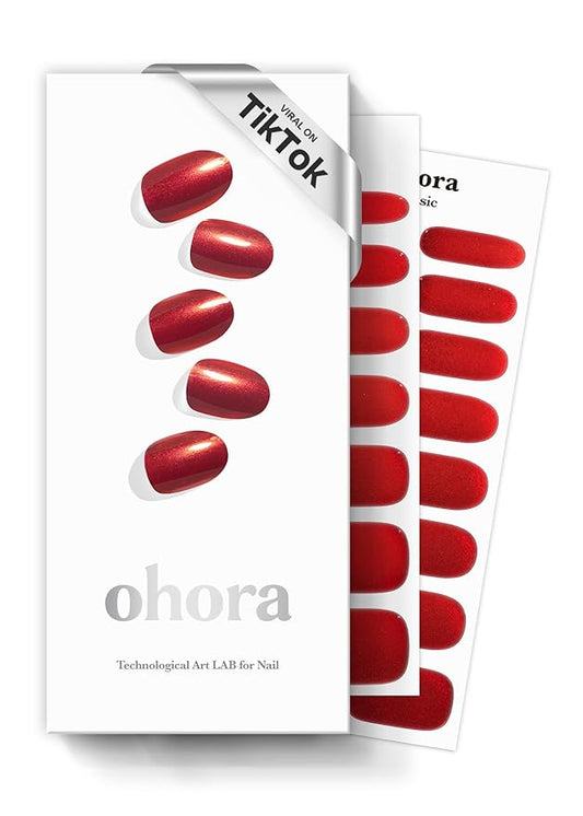 ohora Semi Cured Gel Nail Strips (N Red Chrome) - Red, Chrome, Works with Any UV/LED Lamps, Salon-Quality, Long Lasting, Easy to Apply & Remove - Includes 2 Prep Pads, Nail File & Wooden Stick