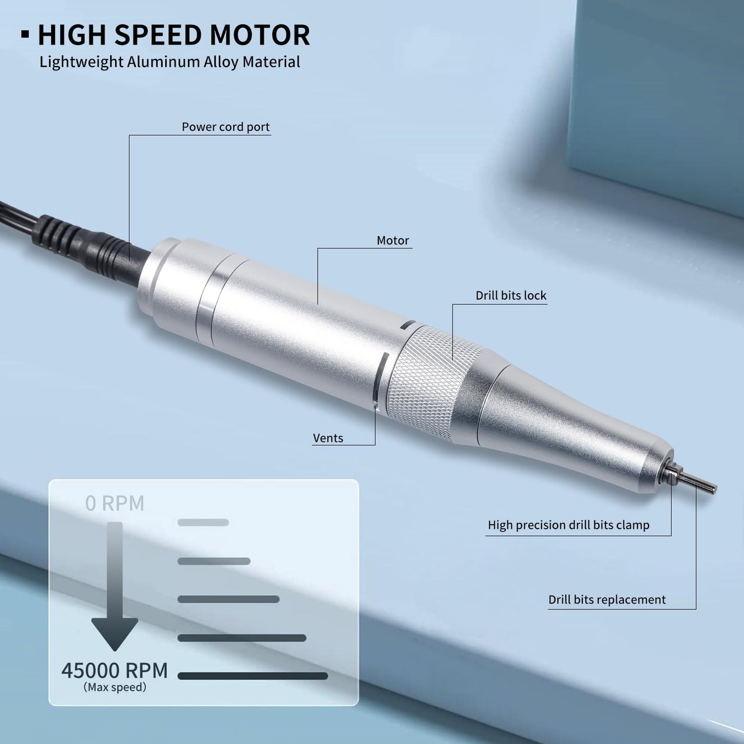 Electric Nail File for Acrylic Nail Kit, 45000RPM Electric Nail Drill Professional Manicure Pedicure Set with Nail Drill Kit Bits, Efile Cordless for Manicure