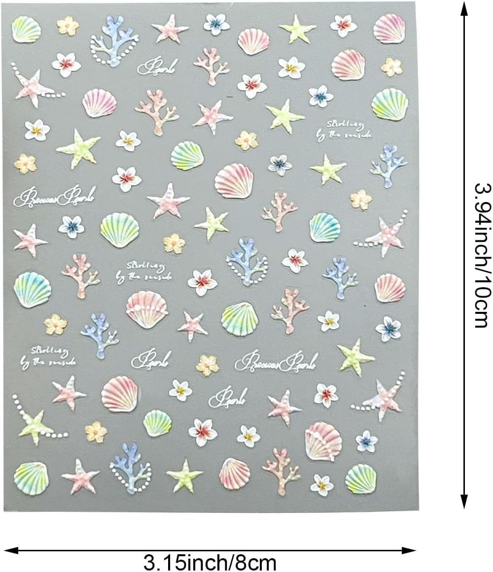 Holographic Ocean Theme Nail Art Decals, 2 Sheets, Self-Adhesive Stickers with Seashells, Dolphins, Starfish, Coral Design for Women's Nail Decoration