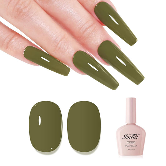 Imtiti Green Gel Nail Polish, Olive Green Gel Polish Autumn Winter Soak Off UV LED High Gloss Art Manicure Salon DIY Design 10ML