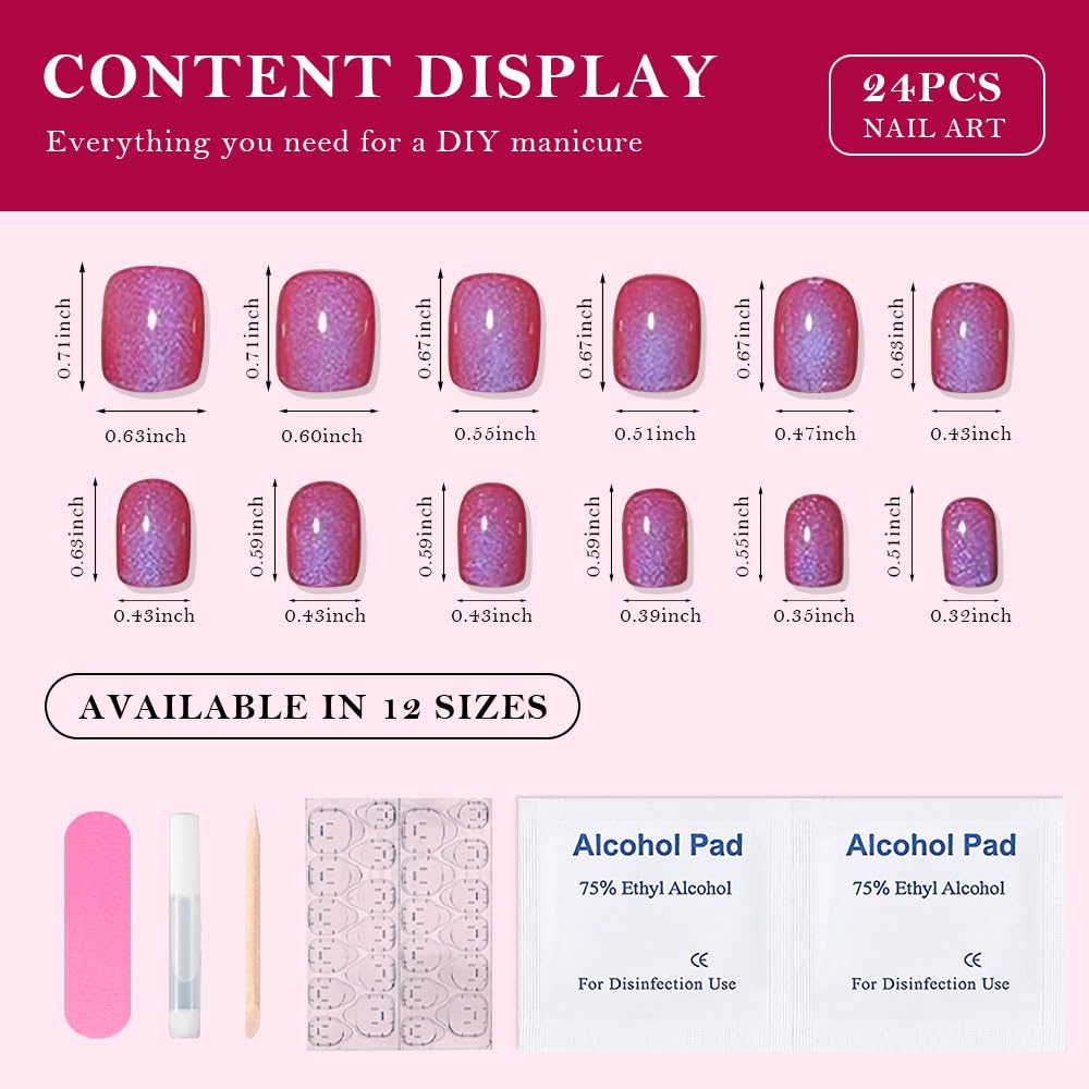 Blue Red Cat Eye Extra Short Press on Nails Square, Petite Short Square Glue on Nails for Women Gift, Purple Red Metallic Glitter Glossy Reusable Stick Gel Press on Acrylic Fake Nail with Designs