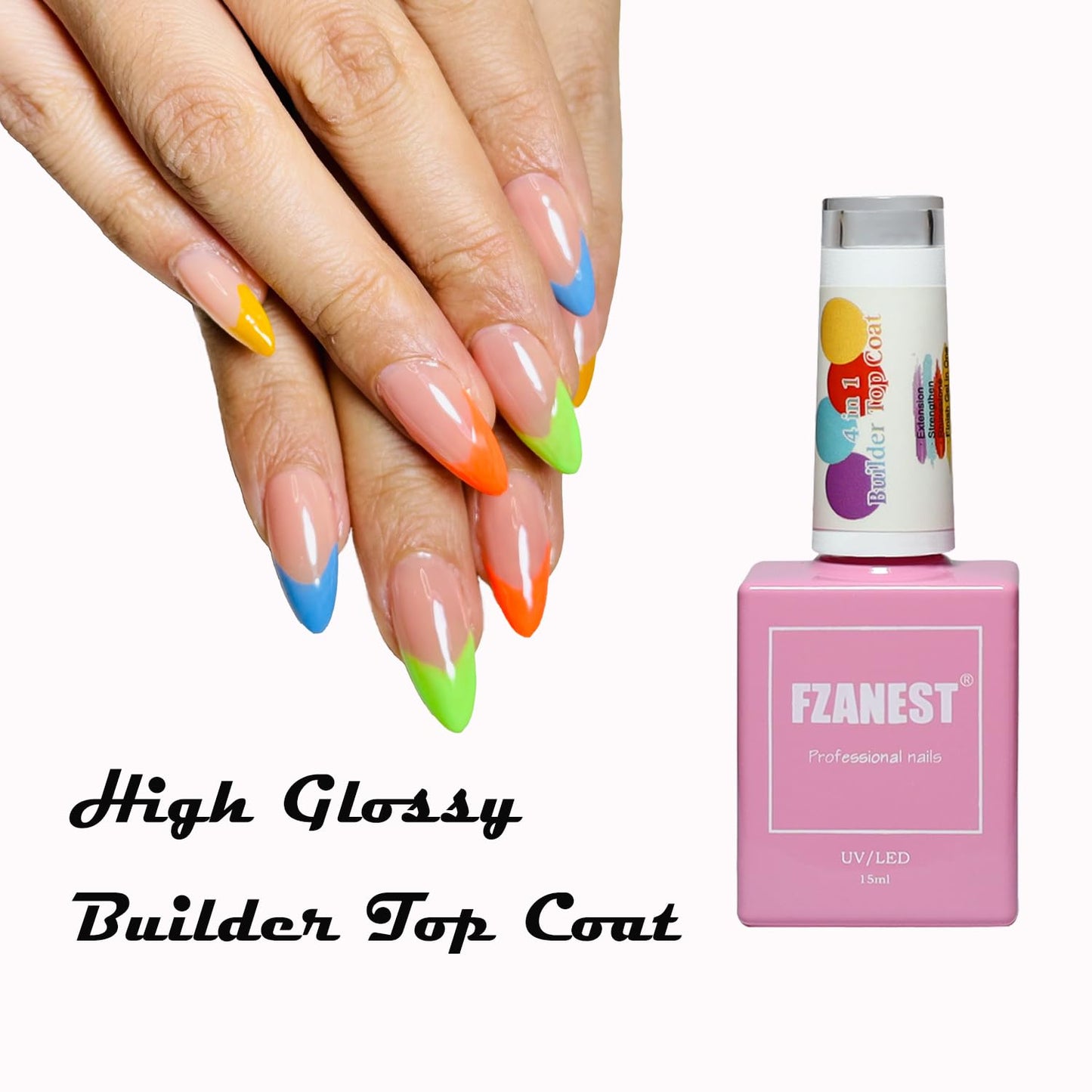 FZANEST Builder Gel Top Coat For Nails 15ml, 5 in 1 Non Wipe Builder Hard Gel in a Bottle, High Gloss Shine No Wipe Top Coat Rhineston Glue Nail Strengthen Extension