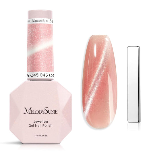 MelodySusie Jeweliver Cat Eye Gel Nail Polish, 0.5 Fl Oz Coral Pink Glitter Holographic Magnetic Nail Polish with Magnet, UV Nail Polish for Nail Art Manicure Salon DIY at Home C45