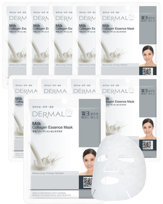 DERMAL Milk Collagen Essence Facial Mask Sheet 23g Pack of 10 - Skin Soft & Elastic, Nourishing and Moisturizing, Daily Skin Treatment Solution Sheet Mask