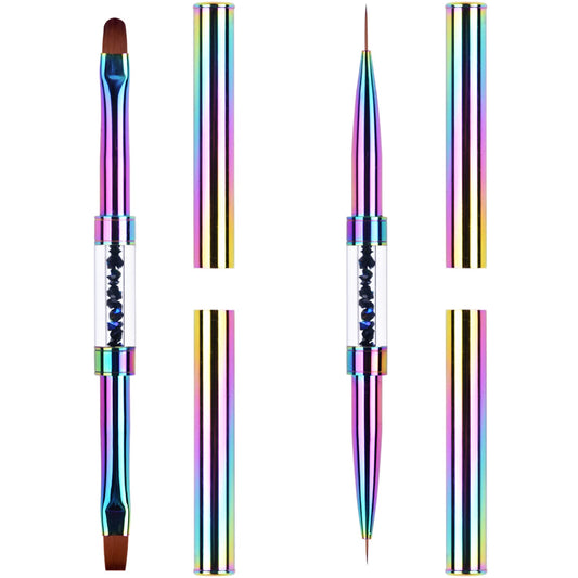 2Pcs Dual-ended Nail Design Brushes Rhinestone Handle UV Gel Nail Brush Set Professional Nail Art Tools Rainbow