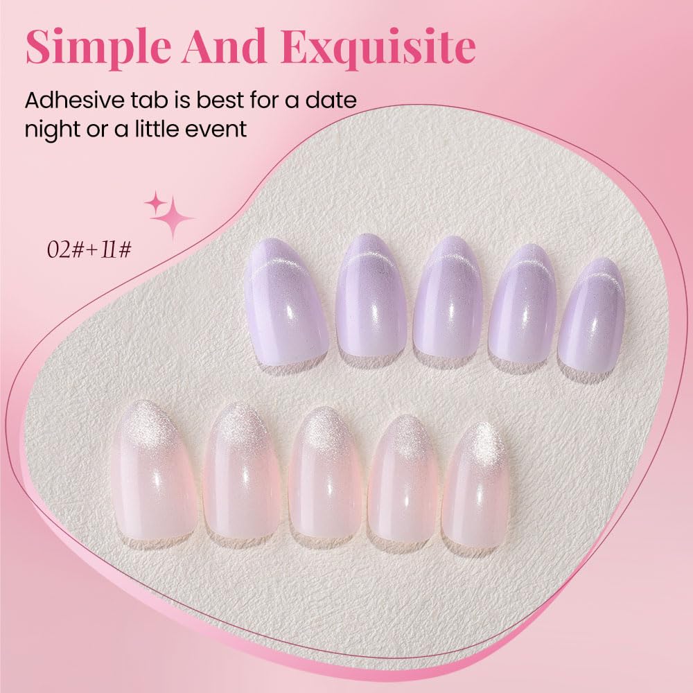 Cat Eye Press on Nails Short Almond - Light Purple & Nude Pink Shimmer Glossy French Tip Press on Nails for Gift, Soft Gel Press Glue On Nail with Nail Glue, Full Cover Reusable Acrylic Fake Nails Kit