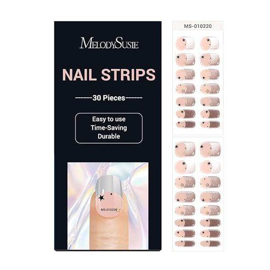 MelodySusie 30PCS Semi Cured Gel Nail Strips (Silver Chrome French Tips), Salon Quality, Long Lasting, Easy to Apply and Remove, Includes 2 Prep Pads, Nail File and Wooden Stick