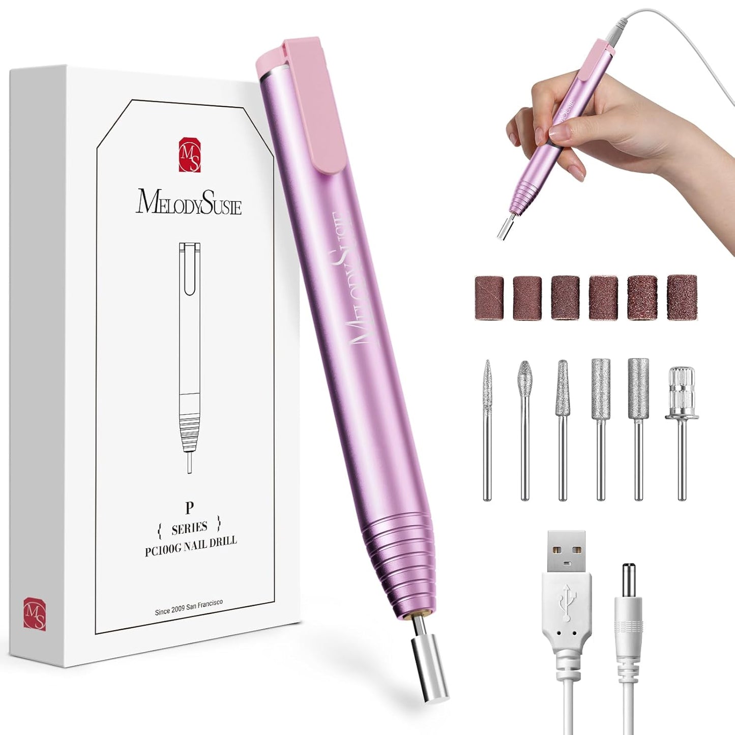 MelodySusie PocketNail Slim Ergonomic Pen-Shaped USB Nail Drill, PC100G 20000RPM Portable Electric File for All Manicure, Pedicure Nail Care, Shaping & Gel Removal at Home for Beginners