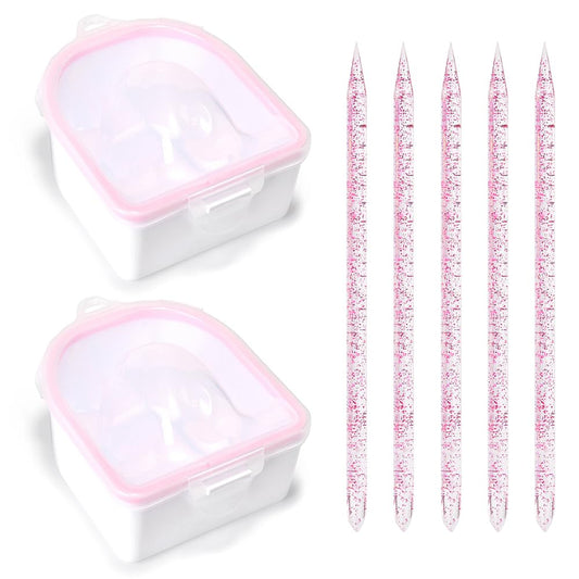 Nail Soaking Bowl Set 2PCS Nail Soak Off Bowl with 5PCS Acrylic Sticks Nail Cuticle Pusher Manicure Remover Tool Kit (7, Pink)